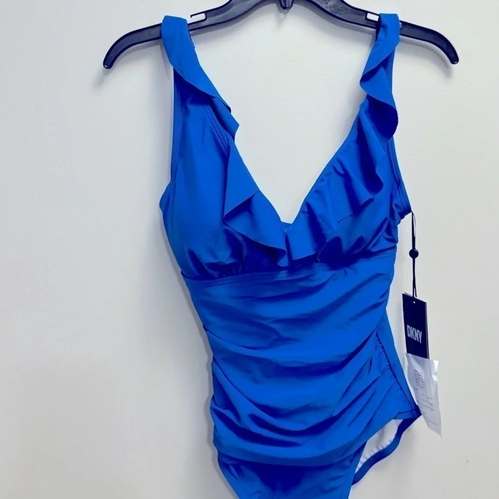 DKNY LAPIS Ruffle Plunge Underwire Tummy Control One-Piece Swimsuit Size 6 Blue